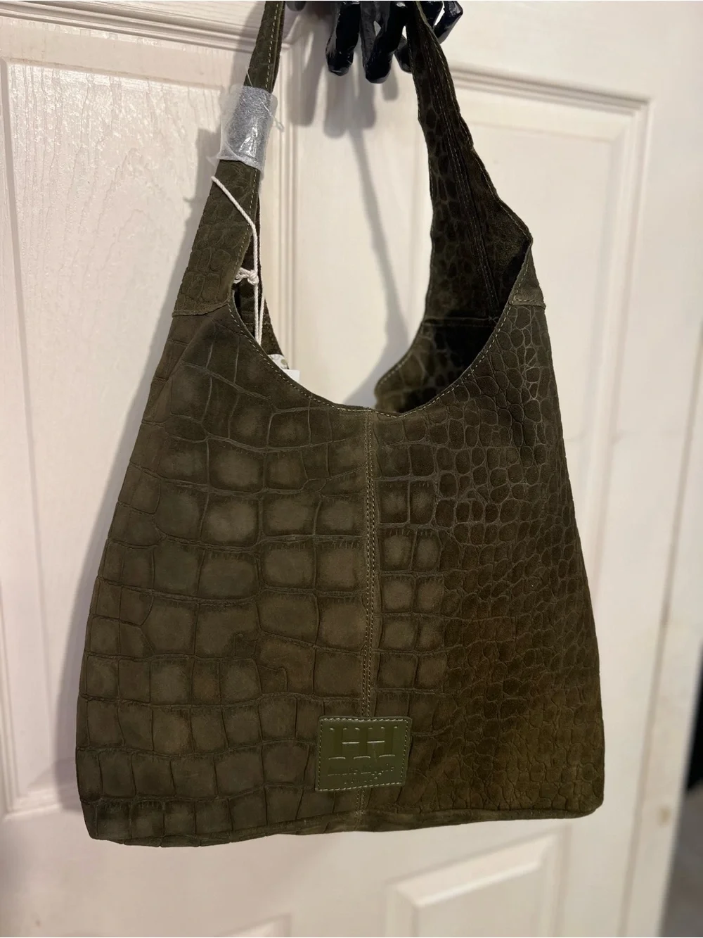Haute Hippie olive green hobo bag with, crocodile-embossed suede design.NWT